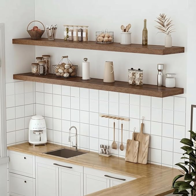 Vivelove Deep Floating Shelves 72x12” Set of 1, Walnut | Easy Install With Hardware, 2" Thick, Invisible Brackets, Wall Mounted, No Sagging, For Any Room