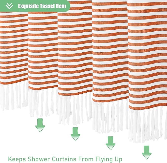 Orange Fabric Shower Curtain, Farmhouse Boho Striped Tassel Shower Curtain for Bathroom, Bohemian Textured Cloth Shower Curtain Set with Hook, Water Repellent, Wrinkle Free, 72x72