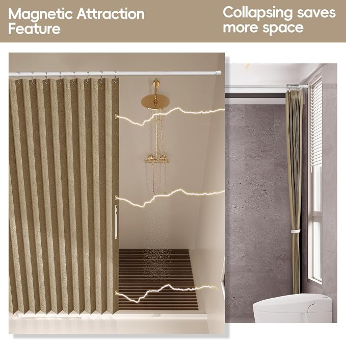 AJAZZ Magnetic Folding Shower Curtains Fabric Polyester Material Waterproof Shower Curtain Suitable for Family Hotel Homestay (Brown,77" W x 72" L) 1 Panel