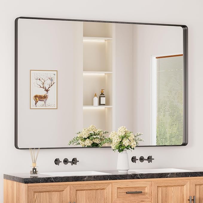Keonjinn 60 x 40 Inch Black Bathroom Mirrors for Over Sink, Tempered Glass | Sandblasted Finish, Matte Black Vanity Mirror, Anti-Rust, Seamless Aluminum Frame, Rounded Rectangle, French Cleat Mount