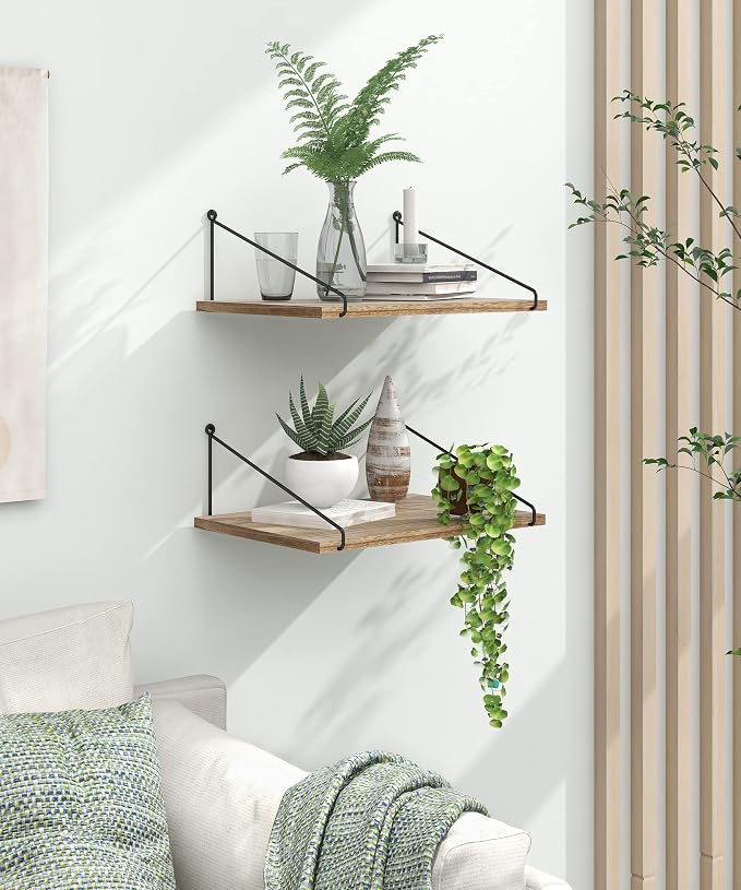 Afuly Rustic Floating Shelves for Wall, 12 Inch Deep Wooden Shelf Set of 2 | Solid Wood and Metal, Hanging Bookshelf with Brackets, Plants Photos Display, for Bathroom, Kitchen, Living Room, Bedroom