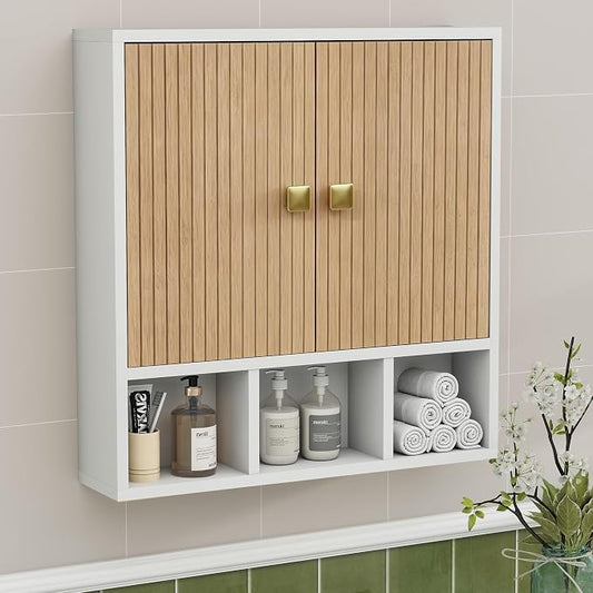 Bathroom Wall Cabinet,Wooden Medicine Cabinet with Fluted Doors Over The Toilet Storage Cabinet with Adjustable Shelf for Bathroom,White