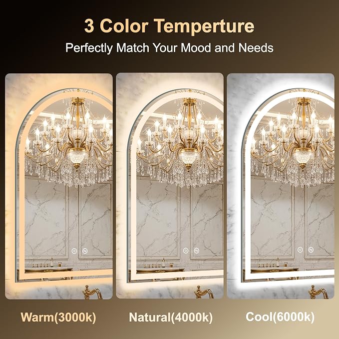 Arched LED Lighted Bathroom Mirror with Lights 24"x32"Smart Anti-Fog | Dimmable 3 Color Modes, Backlit and Front Lit, Memory Function, HD Tempered Glass, Touch Sensor