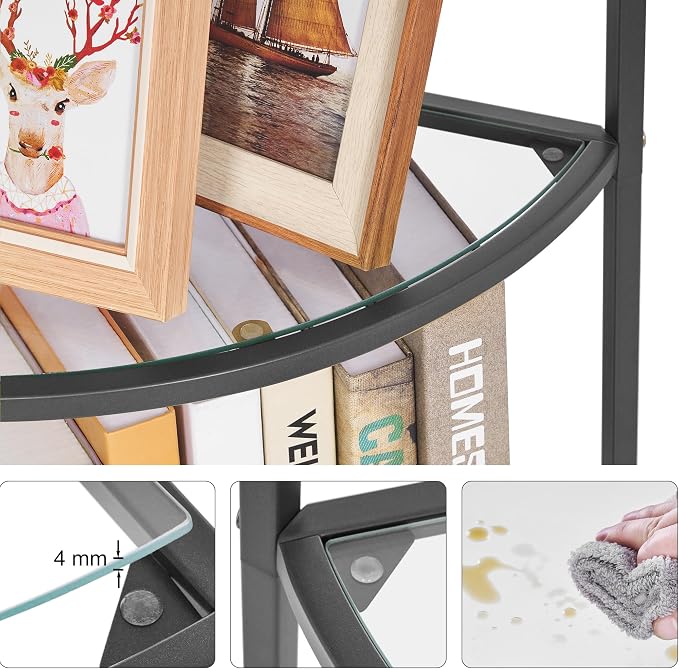 Homhedy 5-Tier Glass Corner Shelf Stand, Metal Corner Bookshelf | Display Shelf, Tempered Glass Shelves, Plant Stand, Storage Rack Shelf for Bedroom, Living Room, Home, Office, Black