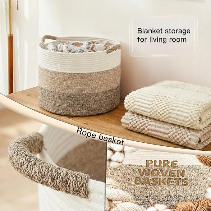 Artfeel 100L Large Cotton Rope Basket, Decorative Woven Blanket Storage for Living Room, Boho Toy Storage & Toy Box for Kids, Versatile Laundry Basket & Nursery Hamper for Blankets(BrownYellow)
