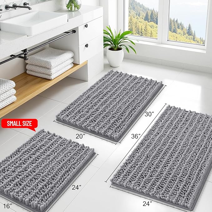 Smiry Bathroom Rugs 30X18, Extra Soft Rubber Backing Chenille Bath Mats | Grey Machine Washable Non Slip Quick Dry Bath Mats for Bathroom Floor, Tub, Shower, Home Decor Accessories