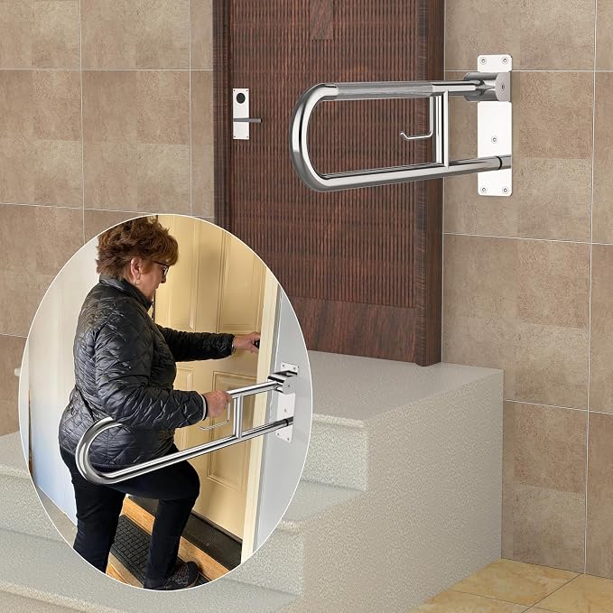 Toilet Grab Bar 32 Inch, YuanDe Flip Up Grab Bar with Paper Holder | Polished Chrome Anti-Slip Safety Bars for Toilet,Stainless Steel Knurled Toilet Handles for Seniors Disabled Elderly Pregnant