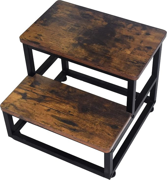 SZLHANJZ Step Stool, Wood & Metal Step Stools for Adults Kids, 500 LB Load | Multi Purpose Round Corner Bed Step Stools for High Beds, Dog Steps Portable Stepping Stool for Bedroom Kitchen, Rustic Brown