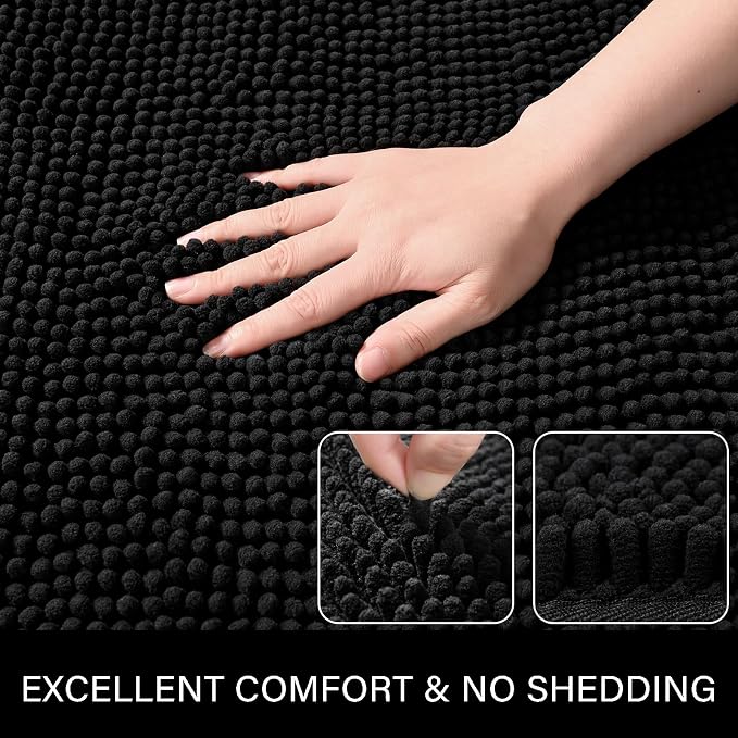 LOCHAS Luxury Bathroom Rug Shaggy Bath Mat 48 x 17 Inch, Black | Washable Non Slip Bath Rugs for Bathroom Shower, Soft Plush Chenille Absorbent Carpets
