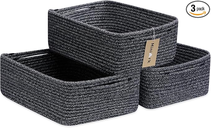 MiniArk Large Shallow Organizing Baskets 15x11x5.1 Inches - Rope Woven Storage Bins for Bathroom, Shelves, Cube Closet, Mixed Black 3 Packs