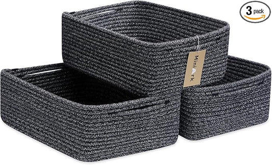 MiniArk Large Shallow Organizing Baskets 15x11x5.1 Inches - Rope Woven Storage Bins for Bathroom, Shelves, Cube Closet, Mixed Black 3 Packs