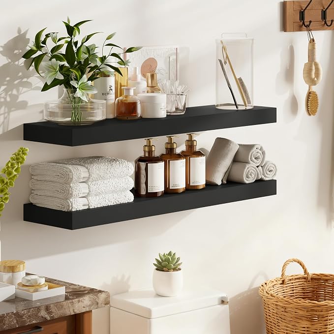 BAMEOS Bamboo Floating Shelves Wall Mounted Wooden Shelves with Invisible Brackets Set of 2, Hanging Wall Decor for Bedroom, Bathroom, Living Room and Kitchen