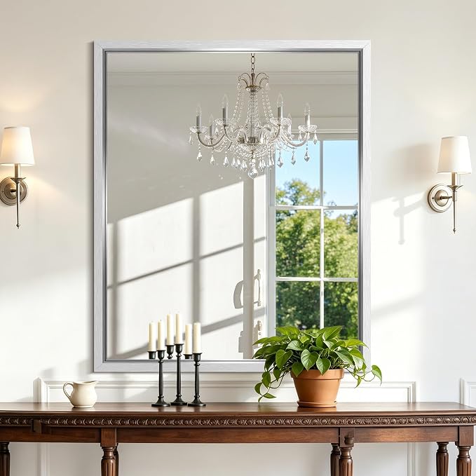 COFENY Bathroom Mirror, 30x36 Brushed Silver Rectangle Mirrors, Thickened Deep Metal Frame Bathroom Vanity Mirrors for Over Sink, Bedroom, Entryway, HD Tempered Glass, Horizontally or Vertically
