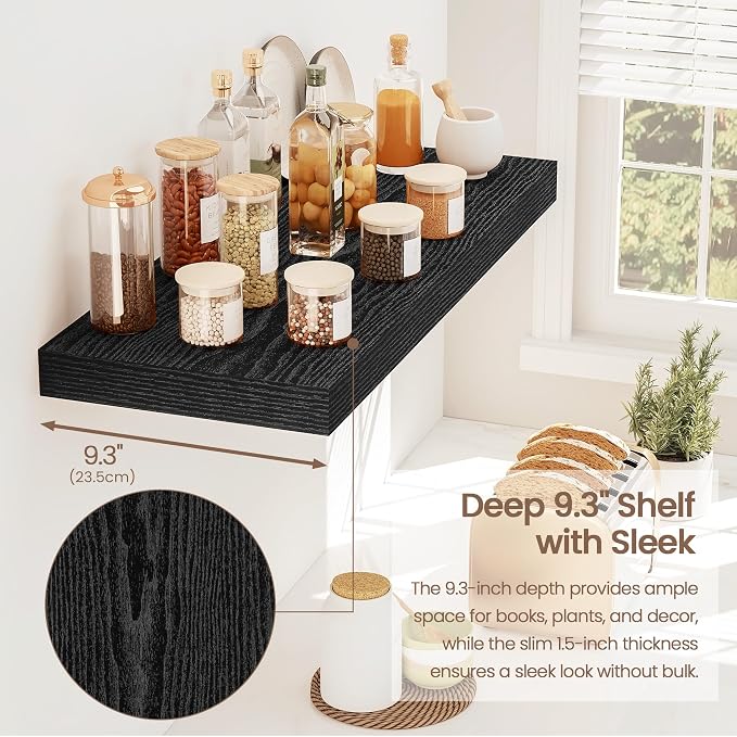 Vivelove Floating Shelves 9 inch Deep 24”Long Set of 2, Black | Easy Install With Hardware, 1.5" Thick, Invisible Brackets, Wall Mounted, No Sagging, For Any Room