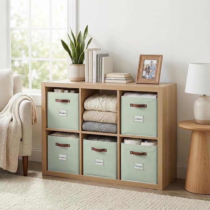 DECOMOMO Storage Bins, Storage Baskets for Shelves | 13" x 15" x 13" Storage Cube Bins with Labels for Organizing Shelves (Kallax, 4pcs, Sage Green)