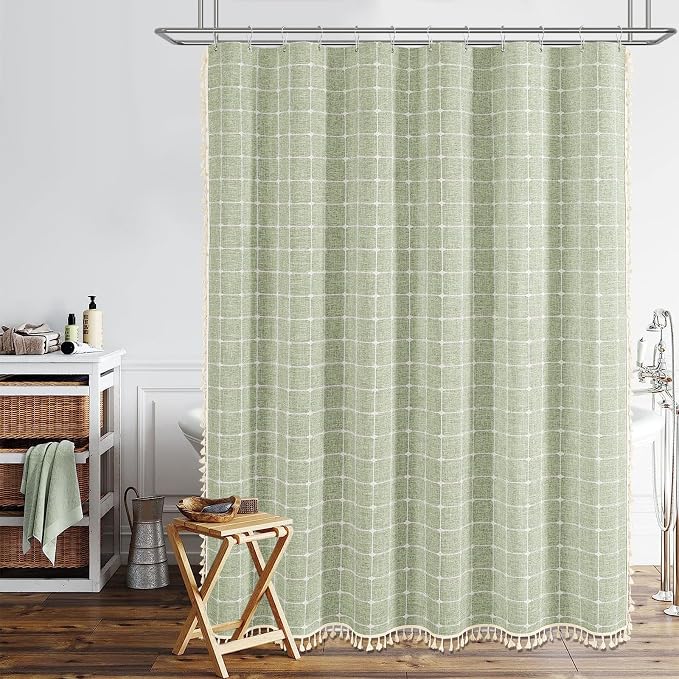 72x80 Boho Farmhouse Linen Heavy Duty Shower Curtain Set, Sage Green | Long Size, 330GSM Linen Blend, 3-side Tassels, Water Repellent Fabric, 12 Plastic Hooks, Rustic Bohemian, Machine Washable