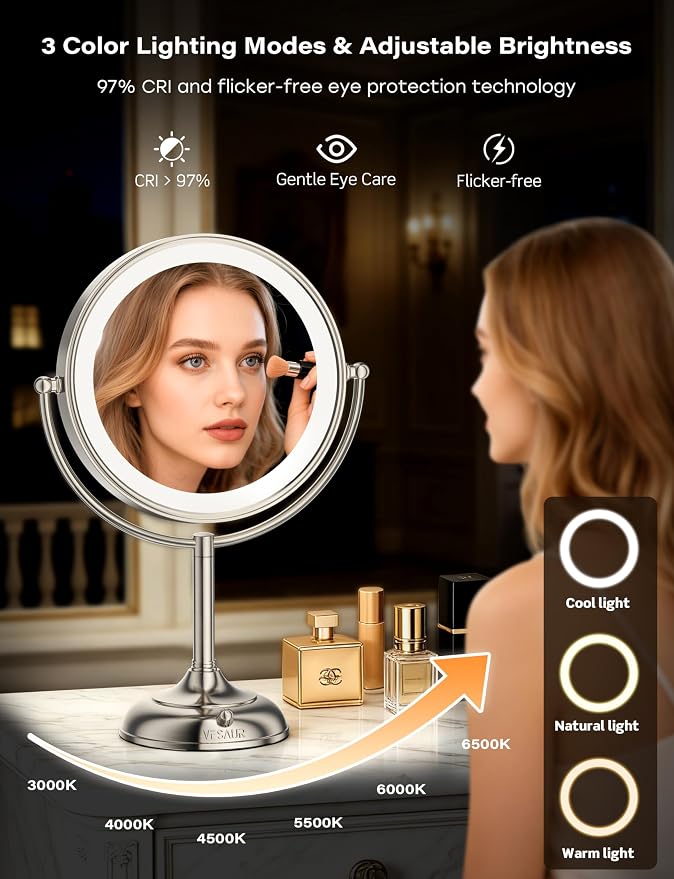 2026 Upgraded 20X lighted makeup mirror with magnification, 9" 1X10X Magnifying Mirror with 3 Color Modes & Adjustable Brightness, 5000mAh Rechargeable Vanity Mirror, 360° Swivel, Nickel, Gifts
