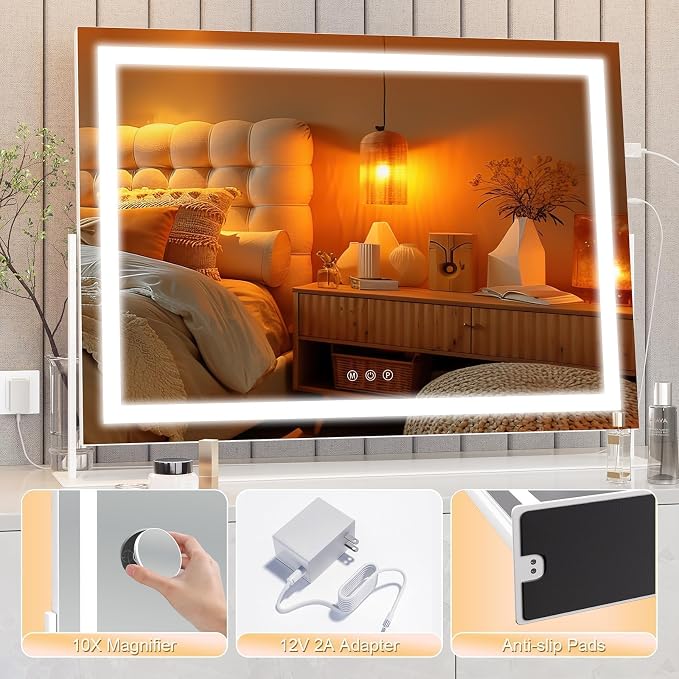Hasipu Vanity Mirror with Lights, 28" x 20" LED Makeup Mirror, Light up Mirror with 10X Magnification and Phone Holder, USB Charging Port, Smart Touch 3 Colors Dimmable, 360° Rotation (White)