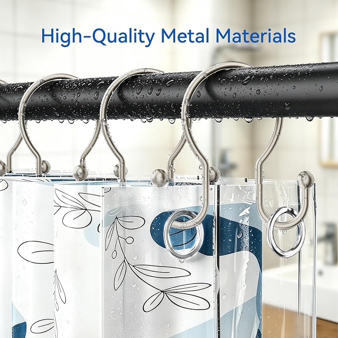 OEH Shower Curtain Hooks, 12 Pcs Minimalist Shower Curtain Rings, Metal Shower Curtain Hangers, Double Hook Shower Curtain Hooks Rust Proof, Smooth Sturdy Shower Hooks for Shower Curtain, Matte Nickel