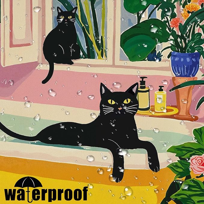Accnicc Boho Cat Shower Curtain for Bathroom 72 X 84 Inches | Cute Funny Black Cats Matisse Extra Long Shower Curtains, Tropical Plant Bathroom Decor, Water-Resistant Washable Polyester