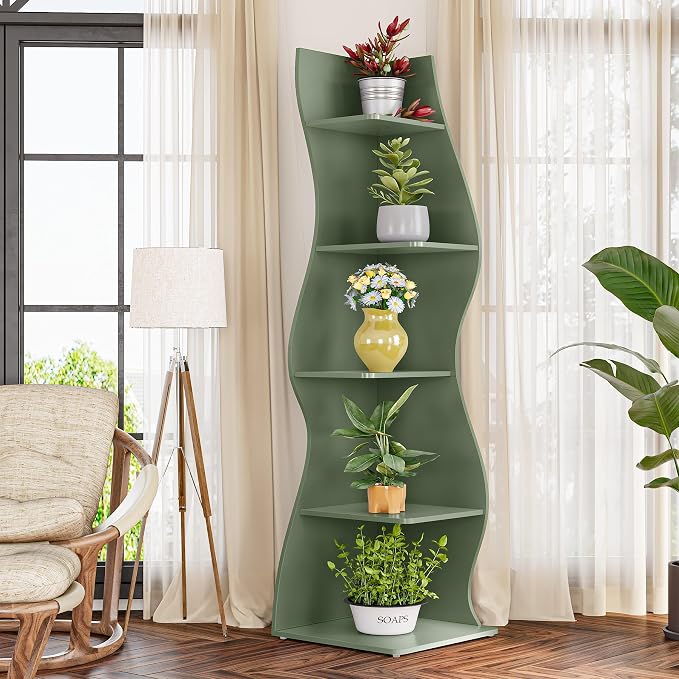 LITTLE TREE Small Corner Shelf, Modern 5-Tier Wall Wavy Corner Bookshelf | Stylish Bookcase Storage Rack for Small Space, Living Room, Bedroom, Green