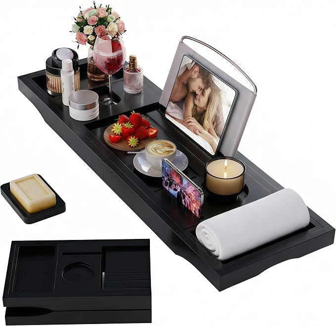 Foldable Bathtub Tray Caddy with Soap Dish Adjustable 29.5-43''Black | Bamboo Bath Table Trays with Non-slip Pads, Wine Glass Holder, Adjustable Tablet Book Stand, Spa Bath Essentials Organizer