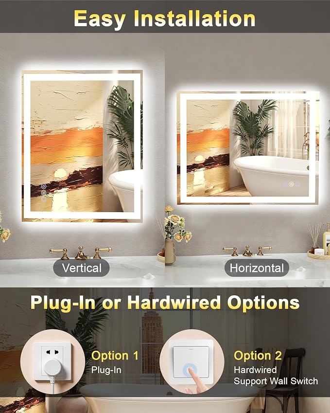 55x36 LED Bathroom Mirror, 6000LM, Separate Front and Back Lights | UL Certified,Shatter-Resistant Tempered Glass,Auto-Off Defogger,3 Color Modes,Smooth Dimming,Smart Memory Setting