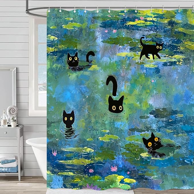 Accnicc Cute Cat Shower Curtain 84 Inch Extra Long Funny Fun Cool Cats Monet Shower Curtains for Bathroom Water Lilies Waterproof Fabric Bath Curtain Decor