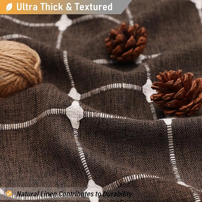 Brown Boho Farmhouse Linen Heavy Duty Fabric Shower Curtain Set, 72x72 | 330GSM Linen Blend, Classic Plaid, 3-side Tassels, Water Repellent Cloth, 12 Plastic Hook, Rustic Bohemian, Machine Washable