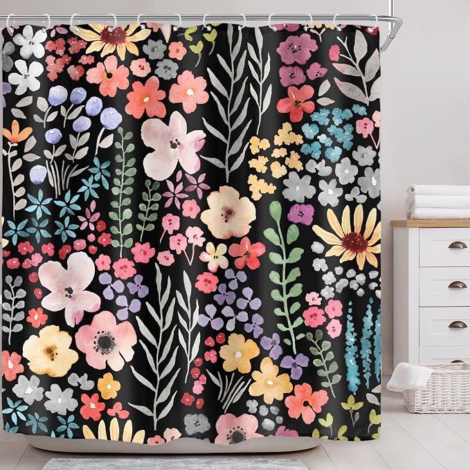 Black Dark Floral Flowers Watercolor Plants Art Bathroom Shower Curtain Set | 72"W x 72"H Leaves Botanical; waterproof HD print, quick-dry fabric with 12 hooks for easy hanging.