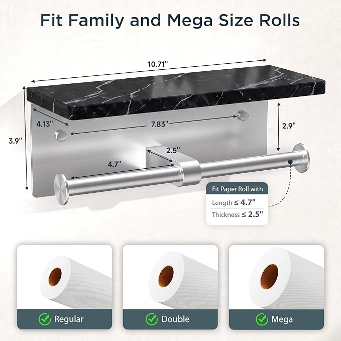 FORIOUS Toilet Paper Holder with Shelf, Commercial Toilet Paper Dispensers | Brushed Nickel | Wall Mount Bathroom Tissue Holder | SUS304 Stainless Steel Rustproof | Double Tissue Roll Holder