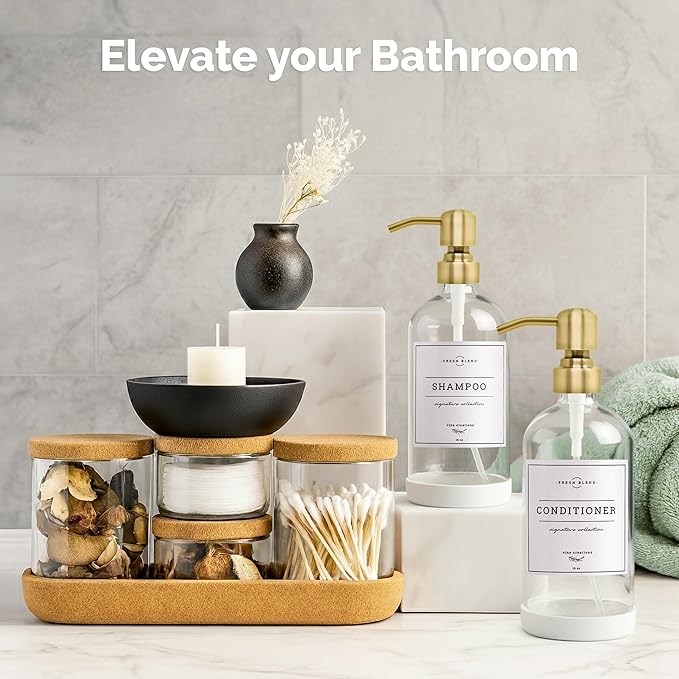 Vine Creations Clear Glass Soap Dispenser, 2 Pack Kitchen Soap Dispenser Set with Stainless Steel Pump, 16 oz Dish Soap and Hand Soap Dispensers for Bathroom with Waterproof Labels