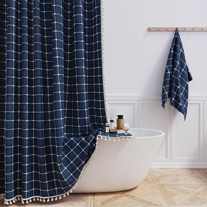 Stall Boho Farmhouse Linen Heavy Duty Shower Curtain, 36x72, Navy Blue | Half Size, 330GSM Linen Blend, 3-side Tassels, Water Repellent Fabric, 6 Plastic Hooks, Rustic Bohemian, Machine Washable