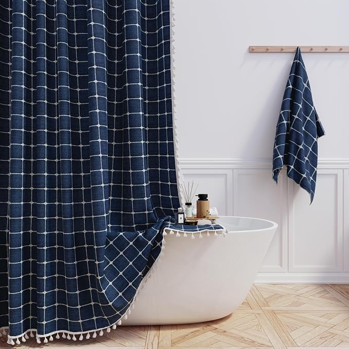 60x72 Boho Farmhouse Linen Heavy Duty Shower Curtain Set, Navy Blue | Narrow Size, 330GSM Linen Blend, 3-side Tassels, Water Repellent Fabric, 10 Plastic Hooks, Rustic Bohemian, Machine Washable