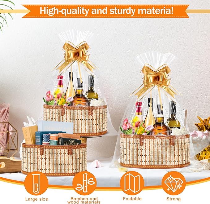 Orchidleaf 2 Set Baskets for Gifts Empty, Woven Bamboo gift baskets empty | Cellophane Wrap for Gift Baskets Empty Gift Baskets to Fill for Baby Baptisms, Mother's Day, Christmas, Housewarming
