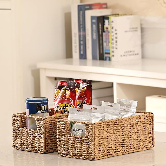 Wicker Storage Basket, Set of 2 Hand-Woven Paper Rope Wicker Basket, Small Storage Baskets for Organizing Toilet Paper Basket, Foldable Large Cube Storage Organizer Bins for Shelves (Natural)