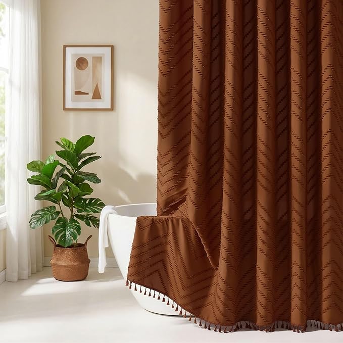 Siiluminisoy Extra Long Shower Curtains Burnt Orange 72 x 96 Inches Tufted Chevron Fabric for Bathroom Vintage Shabby Chic Waterproof Cloth Shower Curtain