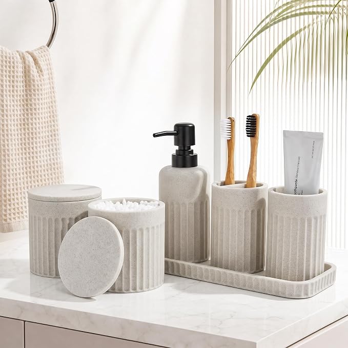 INIUNIK Bathroom Accessory Set, 6 Pieces, Beige | Resin, Bathroom Accessories Set, Includes Soap Dispenser Set, Toothbrush Holders, Tumbler, Vanity Tray & 2 Qtip Holder