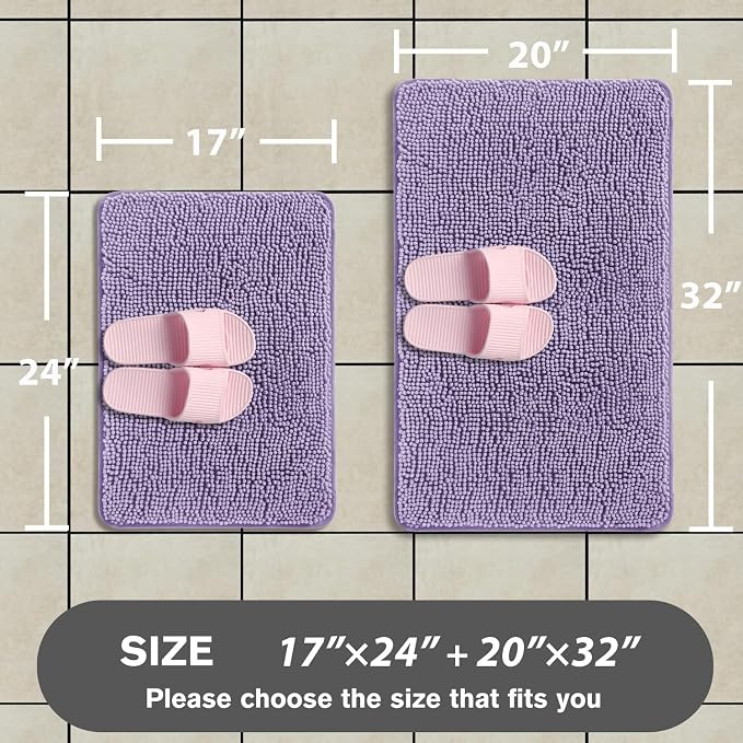 Lavender Bathroom Rugs Sets 2 Piece – Absorbent and Washable Bath Mat, Non-Slip, Thick Soft Chenille Bath Rugs for Bathroom Floor, Shower, Sink - 17" x 24"+20" x 32"