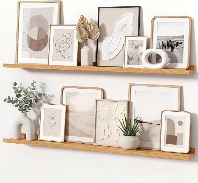Oak Picture Ledge Shelves for Wall, 4.5" Deep Wood Floating Shelves with Lip for Bedroom, Living Room, 40" Width, Color Oak Set of 2