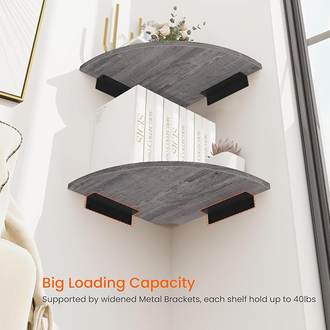 Corner Floating Shelves, Round Corner Shelf Wall Mount Set of 4 | Cord Hole, 12 Inch Wood Curved Corner Hanging Shelf for Cable Box, Speaker, TV Cords, Books, Plants, Rustic Grey