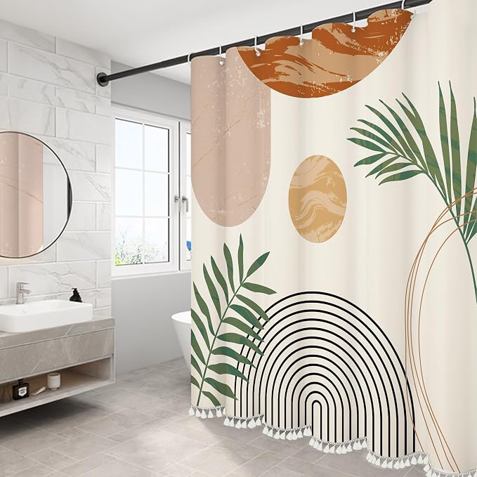 Boho Mid Century Leaf Shower Curtain Set,Arch Sun Design,Minimalistic Leaves Pattern,Waterproof and Luxurious Fabric-12 Hooks(Beige-72" x 72")
