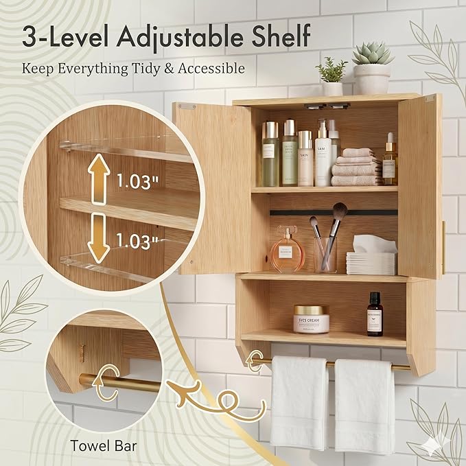 HOOBRO Narrow Bathroom Wall Cabinet with Towel Rack, Space Saving Medicine Cabinet for Small Spaces, Farmhouse Fluted Wall Storage Cabinet with Adjustable Shelf, Natural