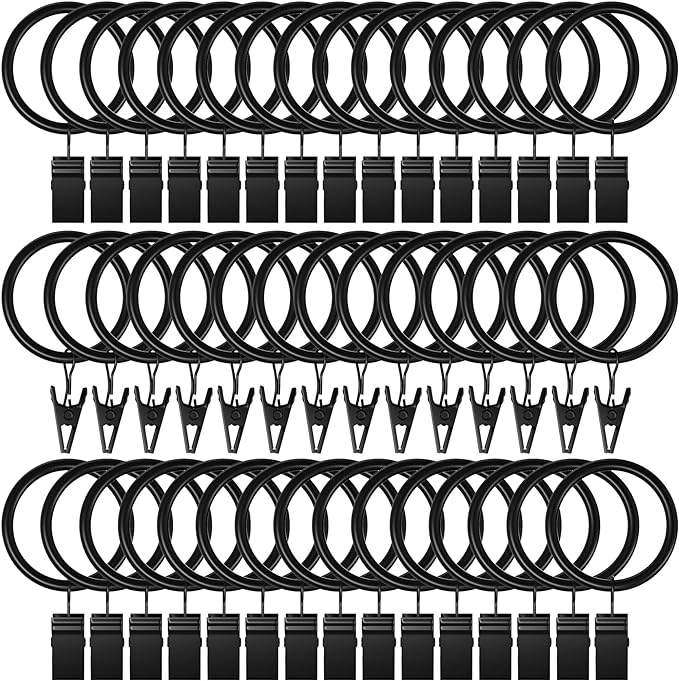 Lansian 44 Pack Curtain Rings with Clips Hooks 1 in Diameter Rustproof | Matte Metal Stainless Steel Drapery Rings for Tension Rod Bracket Eyelets Decorative Hanger, Fits 3/4 in Rods, Black
