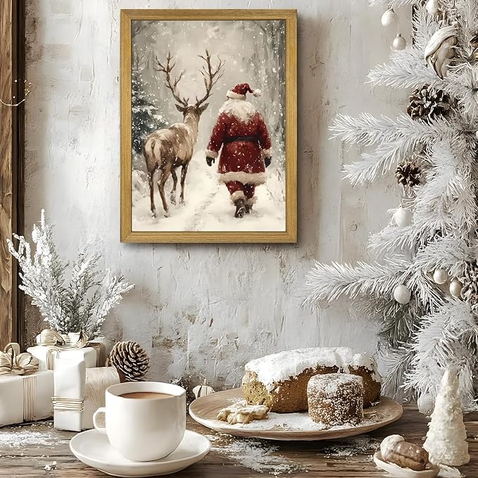 Wood Framed Vintage Christmas Wall Art, Santa Claus Reindeer Canvas Wall Decor Painting, Rustic Winter Painting Artwork Poster Print Picture for Living Room Bedroom Home 12x16 Inch