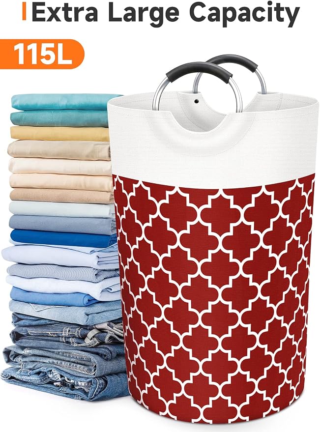 Large Laundry Basket Laundry Hamper Bag Washing Bin Clothes Bag Collapsible Tall with Handles Waterproof Travel Bathroom College Essentials Storage for College Dorm, Family, 115L (Red) | Freestanding Laundry Hamper, Waterproof Dirty Clothes Storage Bag...