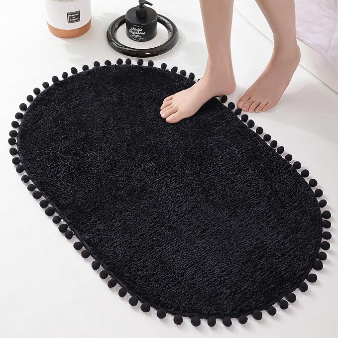 YIRDDEO Oval Rug for Bathroom, Cute Boho Bath Mat with Pom, Black | Soft Plush, Absorbent, Quick Dry, Machine Washable, Non Slip Bath Mat for Bathroom Shower Floor Home Decor