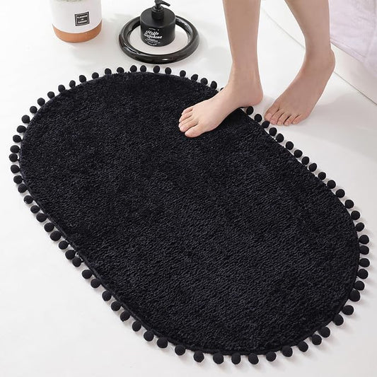 YIRDDEO Oval Rug for Bathroom, Cute Boho Bath Mat with Pom, Black | Soft Plush, Absorbent, Quick Dry, Machine Washable, Non Slip Bath Mat for Bathroom Shower Floor Home Decor