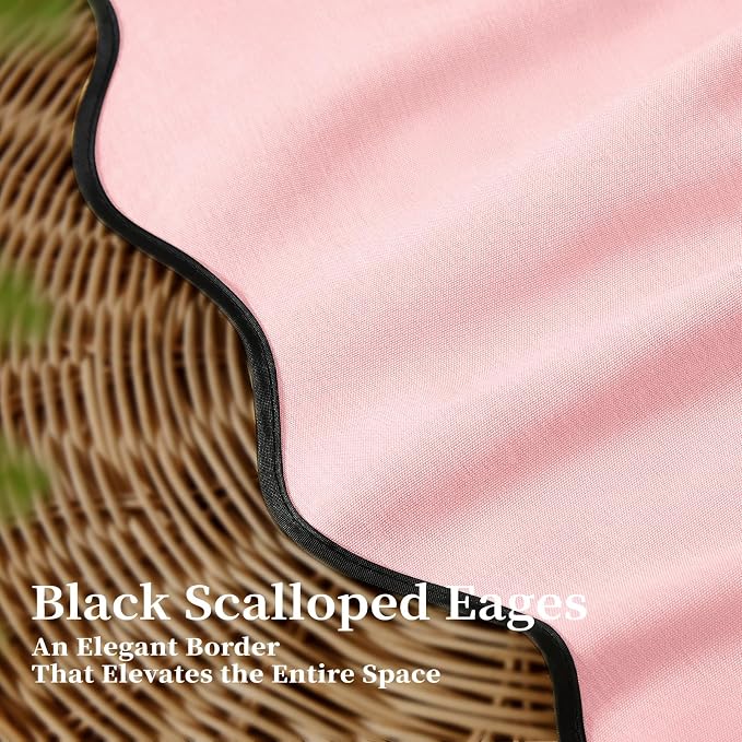 Pink Boho Scalloped Linen Textured Cloth Shower Curtain Set, 72x72 | 230GSM Waterproof Polyester, Heavy Duty Fabric, 12 Plastic Hooks, Modern Farmhouse Style, Machine Washable, Bathroom Decor