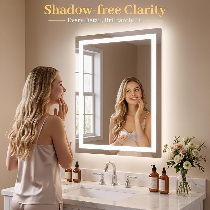 LED Bathroom Mirror with Lights 24"x32", Wall-Mounted Vanity Mirrors Front & Backlit Light Control Stepless Dimmable Anti-Fog Memory 3 Color Temperatures Shatter-Proof Tempered Glass